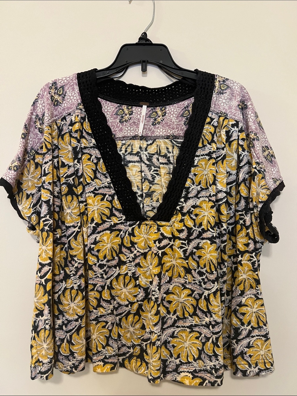 Free People Floral V-Neck Blouse in Yellow, Black & Lilac